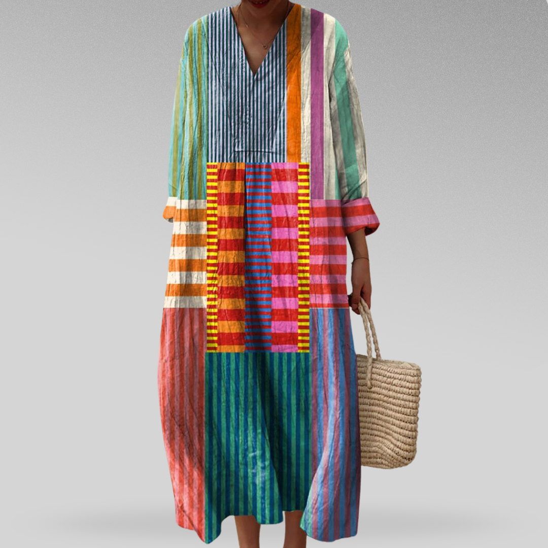 INDIA | VIBRANT STRIPE PATCHWORK MAXI DRESS