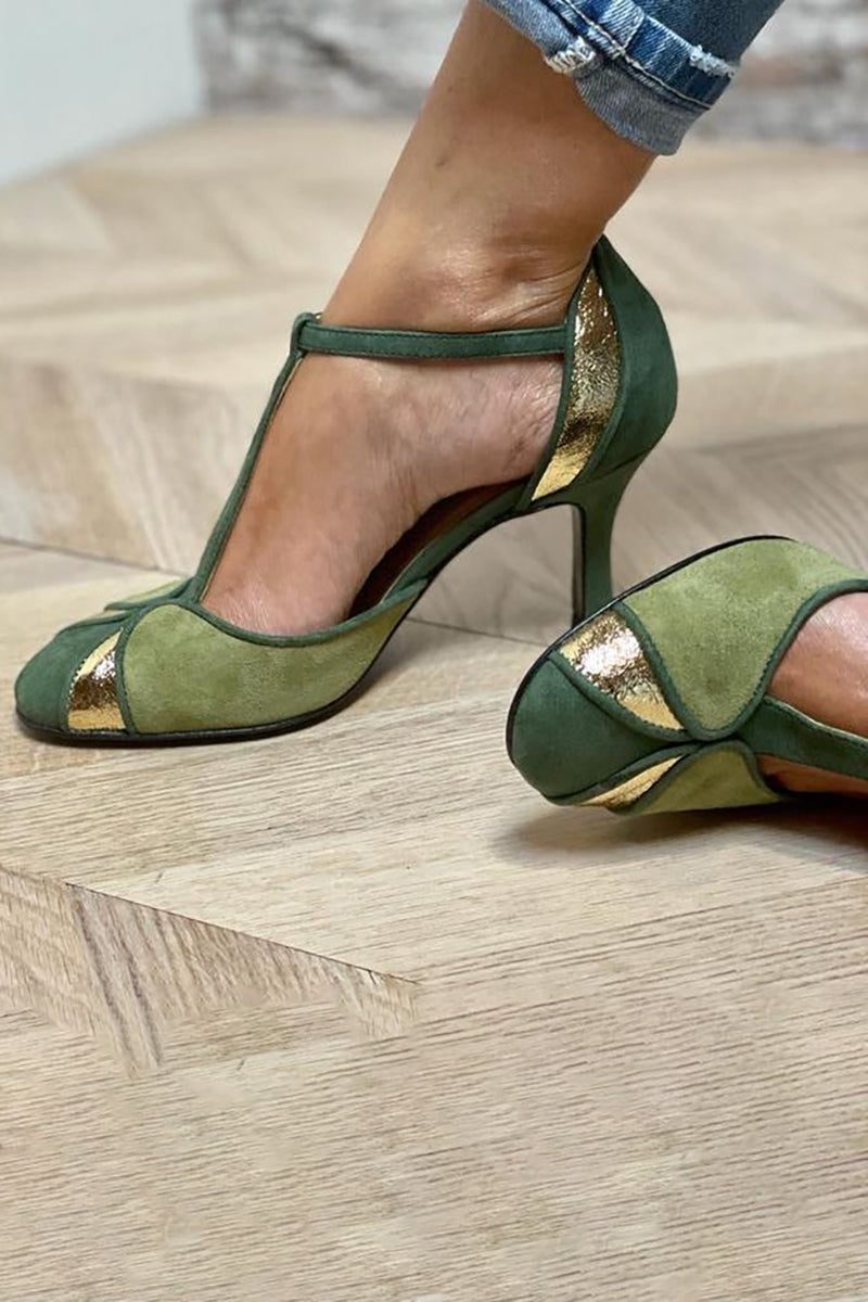 LIVIANA | GREEN T-STRAP HEELS
